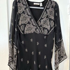 New York City Design Co Black/White Paisley Blouse Size M Silk Long Sleeve
